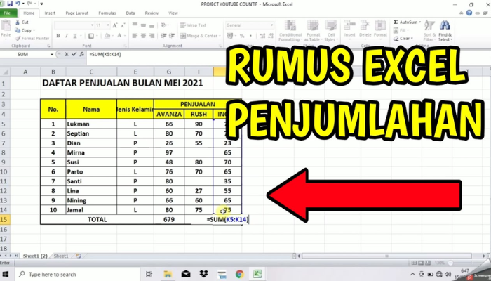 Rumus Menggunakan Metode Manual untuk Menjumlahkan Di Microsoft Excel